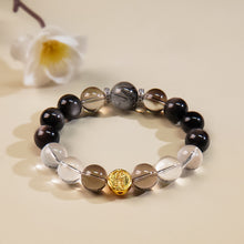 Load image into Gallery viewer, Cosmic Guardian Crystal Bracelet: Harmony in Shadow &amp; Light (Silver Sheen Obsidian, Clear Quartz, Black Rutilated Quartz, Smoky Quartz)
