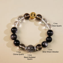Load image into Gallery viewer, Cosmic Guardian Crystal Bracelet: Harmony in Shadow &amp; Light (Silver Sheen Obsidian, Clear Quartz, Black Rutilated Quartz, Smoky Quartz)