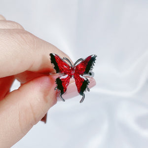 H3LL NO Red Enamel Droplet Glaze Butterfly Open Ring Women