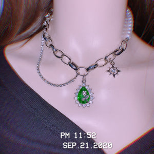 H3LL NO  green color gem crystals necklace womens cool chain