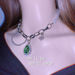 H3LL NO  green color gem crystals necklace womens cool chain