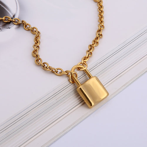 Unisex Jewellery Gold STAINLESS STEEL lock necklace padlock