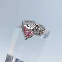 Load image into Gallery viewer, H3LL NO pink crystal gems heart shape opening silver metal ring women&#39;s female accessory