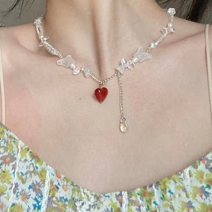 H3LL NO Vintage red heart beaded handmade female necklace Butterfly Chain