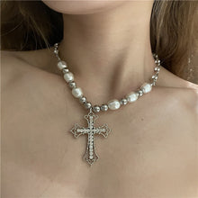 Load image into Gallery viewer, H3LL NO retro pearl necklace punk simple European and American sweet Cross Pendant clavicle chain