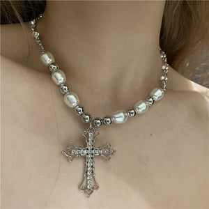 H3LL NO retro pearl necklace punk simple European and American sweet Cross Pendant clavicle chain