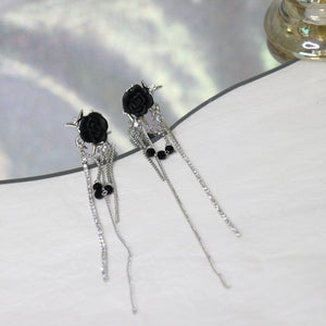 H3LL NO black rose ear bone clip chain tassel earrings without piercing earrings womens jewelry