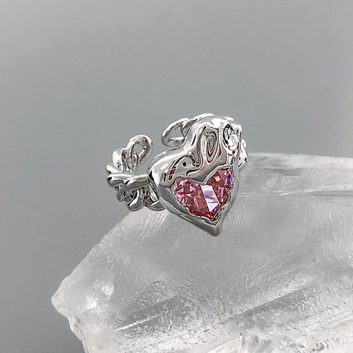 H3LL NO pink crystal gems heart shape opening silver metal ring women's female accessory