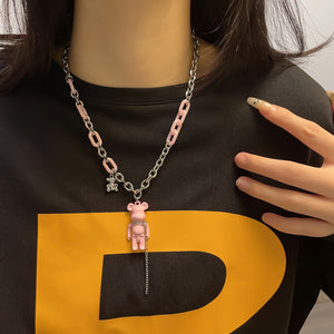 H3LL NO Sweet cool pink black bear fringe necklace sweater chain unisex women men