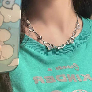 H3LL NO  women's moonlight stone chain necklace in silver color