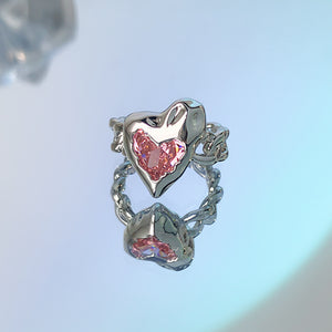 H3LL NO pink crystal gems heart shape opening silver metal ring women's female accessory