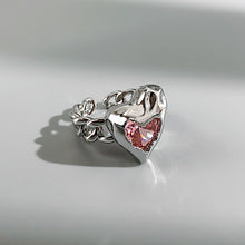 Load image into Gallery viewer, H3LL NO pink crystal gems heart shape opening silver metal ring women&#39;s female accessory