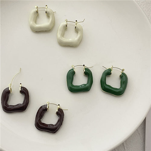 H3LL NO Niche design: bv style green enamel, irregular square enamel, oil dripping, geometric Square Earrings female