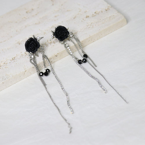 H3LL NO black rose ear bone clip chain tassel earrings without piercing earrings womens jewelry