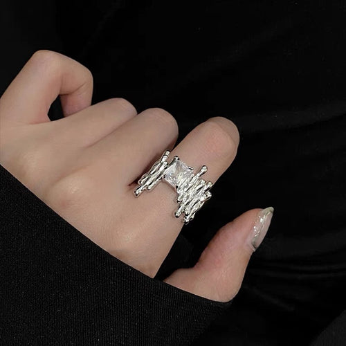 H3LL NO silver color irregular staggered zircon ring female niche design adjustable size