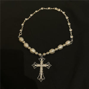 H3LL NO retro pearl necklace punk simple European and American sweet Cross Pendant clavicle chain