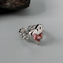 Load image into Gallery viewer, H3LL NO pink crystal gems heart shape opening silver metal ring women&#39;s female accessory