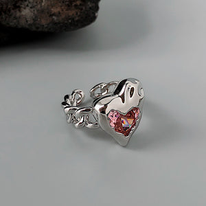 H3LL NO pink crystal gems heart shape opening silver metal ring women's female accessory